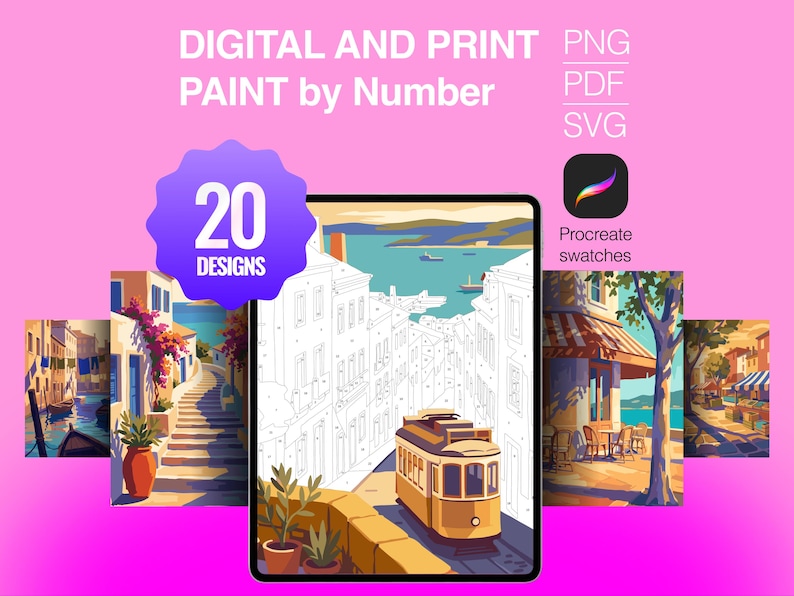 Może przedstawiać: Cyfrowy zestaw do malowania po numerach z 20 wzorami w formatach PNG, PDF i SVG, zawierający pr&oacute;bniki Procreate. Obraz przedstawia ekran tabletu z konturowym rysunkiem tramwaju, otoczony kolorowymi ilustracjami przedstawiającymi nadmorskie uliczki.