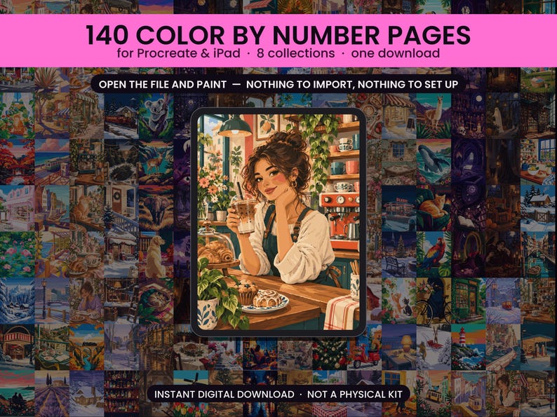 May include: A digital collection of 140 color by number pages for Procreate and iPad, featuring eight distinct sets. The main graphic displays a central illustration of a person in a cafe, surrounded by a collage of various colorful scenes.