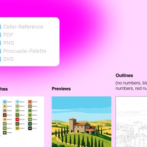 K&ouml;nnte beinhalten: Ein digitales Dateiset auf leuchtend rosa Hintergrund mit einer Liste aus Color-Reference, PDF, PNG, Procreate-Palette und SVG. Enth&auml;lt eine nummerierte Farbpalette, eine Landschaftsvorschau einer Villa und eine lineare Umrisszeichnung.