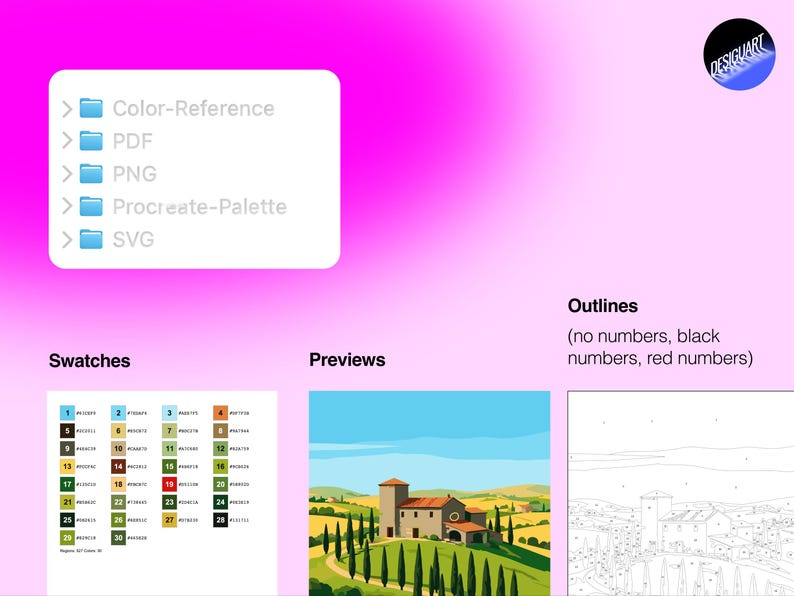 K&ouml;nnte beinhalten: Ein digitales Dateiset auf leuchtend rosa Hintergrund mit einer Liste aus Color-Reference, PDF, PNG, Procreate-Palette und SVG. Enth&auml;lt eine nummerierte Farbpalette, eine Landschaftsvorschau einer Villa und eine lineare Umrisszeichnung.