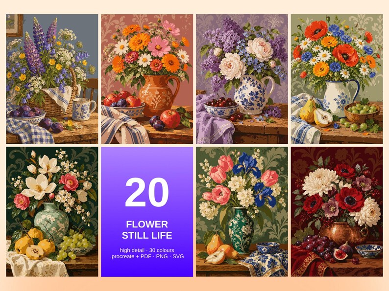 20 Flower Still Life Color by Number, Detailed Procreate Painting Pages (Digital Download) image 4