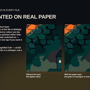 May include: A digital graphic showing a paper texture layer feature. Text reads: INCLUDED IN EVERY FILE, PAINTED ON REAL PAPER. Two side-by-side panels compare flat digital colour with a version showing the grain of real paper in every stroke.