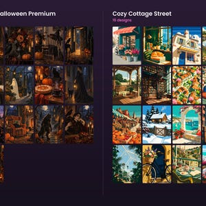May include: A digital collection of 29 illustrations divided into two sets. The left side, labeled Gothic Halloween Premium, features 13 dark, atmospheric scenes. The right side, labeled Cozy Cottage Street, displays 16 bright, scenic images.