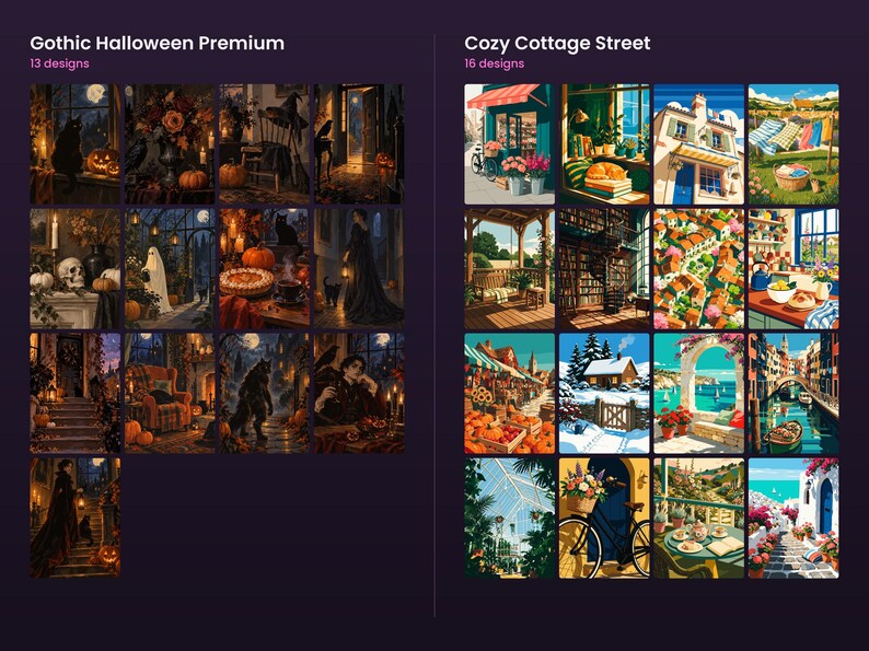 May include: A digital collection of 29 illustrations divided into two sets. The left side, labeled Gothic Halloween Premium, features 13 dark, atmospheric scenes. The right side, labeled Cozy Cottage Street, displays 16 bright, scenic images.