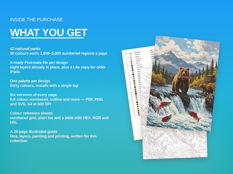 May include: A digital art collection featuring 42 national park designs. Includes Procreate files, color palettes, PDF, PNG, and SVG versions at 600 DPI, reference sheets, and a 20-page guide. The image displays a bear catching a salmon in a waterfall.
