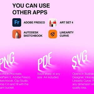 May include: A digital graphic on a pink gradient background featuring the text YOU CAN USE OTHER APPS, icons for Adobe Fresco, Art Set 4, Autodesk Sketchbook, and Linearity Curve, plus labels for PNG, PDF, and SVG file formats with descriptions.