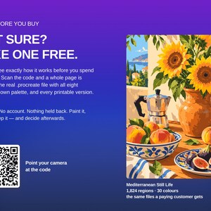May include: A digital graphic featuring a QR code and text reading TRY BEFORE YOU BUY NOT SURE? TAKE ONE FREE. Next to it is a Mediterranean still life painting of sunflowers in a pitcher, a moka pot, peaches, and figs on plates.