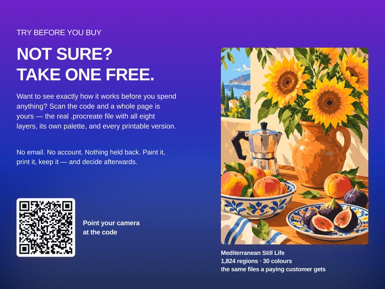 May include: A digital graphic featuring a QR code and text reading TRY BEFORE YOU BUY NOT SURE? TAKE ONE FREE. Next to it is a Mediterranean still life painting of sunflowers in a pitcher, a moka pot, peaches, and figs on plates.