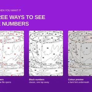 May include: A digital graphic on a purple background titled ONLY WHEN YOU WANT IT THREE WAYS TO SEE THE NUMBERS. It displays three variations of a paint-by-number teacup illustration: one with red numbers, one with black numbers, and one with a faint color preview.