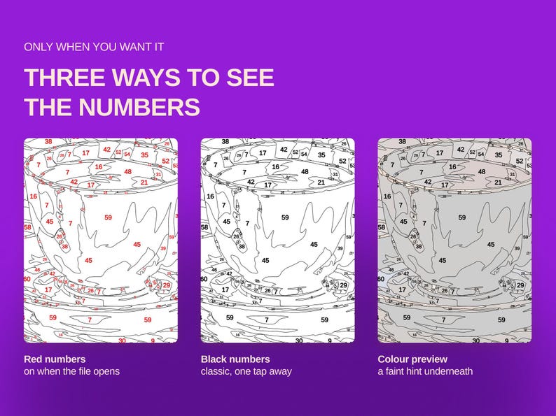 May include: A digital graphic on a purple background titled ONLY WHEN YOU WANT IT THREE WAYS TO SEE THE NUMBERS. It displays three variations of a paint-by-number teacup illustration: one with red numbers, one with black numbers, and one with a faint color preview.