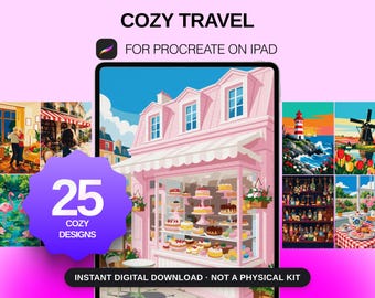 May include: A digital product display for Cozy Travel for Procreate on iPad featuring 25 cozy designs. The image shows a tablet screen with a pink bakery illustration surrounded by various colorful scenes including a lighthouse, windmill, and interior rooms.