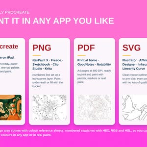 May include: A digital graphic on a pink background titled NOT ONLY PROCRATE PAINT IT IN ANY APP YOU LIKE. It displays four white vertical panels labeled .procreate, PNG, PDF, and SVG, each listing compatible software and file features.