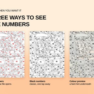 May include: A digital paint-by-number guide titled ONLY WHEN YOU WANT IT THREE WAYS TO SEE THE NUMBERS. It displays three versions of a chair illustration: one with red numbers, one with black numbers, and one with a faint color preview underneath.