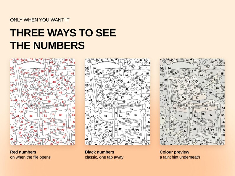 May include: A digital paint-by-number guide titled ONLY WHEN YOU WANT IT THREE WAYS TO SEE THE NUMBERS. It displays three versions of a chair illustration: one with red numbers, one with black numbers, and one with a faint color preview underneath.