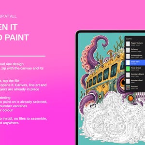 Puede incluir: Una tableta digital que muestra una ilustraci&oacute;n de pintar por n&uacute;meros de un autob&uacute;s amarillo rodeado por tent&aacute;culos morados. La pantalla muestra un men&uacute; de capas de Procreate con opciones como Paper Texture, Scheme y Draw here. Texto: NO SETUP AT ALL.