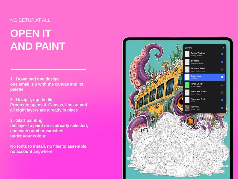 Puede incluir: Una tableta digital que muestra una ilustraci&oacute;n de pintar por n&uacute;meros de un autob&uacute;s amarillo rodeado por tent&aacute;culos morados. La pantalla muestra un men&uacute; de capas de Procreate con opciones como Paper Texture, Scheme y Draw here. Texto: NO SETUP AT ALL.