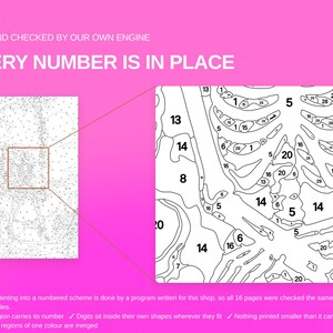 May include: A paint-by-number canvas template on a bright pink background with the text BUILT AND CHECKED BY OUR OWN ENGINE and EVERY NUMBER IS IN PLACE. The image shows a detailed skeleton outline with numbered sections for painting.