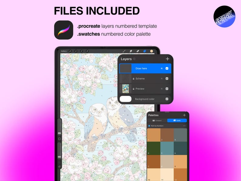 May include: A digital paint-by-number template for Procreate featuring two owls perched on a flowering branch. The interface displays a layers menu with options for drawing, scheme, and preview, alongside a numbered color palette swatch set.