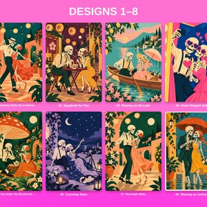 May include: A collection of eight rectangular art prints featuring skeleton figures in various romantic scenes, including dancing, dining, rowing, taking selfies, drinking tea, stargazing, waltzing, and sharing an umbrella under the rain.
