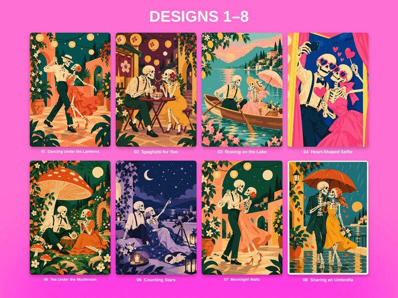 May include: A collection of eight rectangular art prints featuring skeleton figures in various romantic scenes, including dancing, dining, rowing, taking selfies, drinking tea, stargazing, waltzing, and sharing an umbrella under the rain.