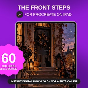 May include: A digital illustration on a tablet screen showing front steps with a black cat, pumpkins, and a wreath on a door. Text reads: THE FRONT STEPS FOR PROCREATE ON IPAD, 60 COLOURS, 3,511 ZONES, INSTANT DIGITAL DOWNLOAD · NOT A PHYSICAL KIT.