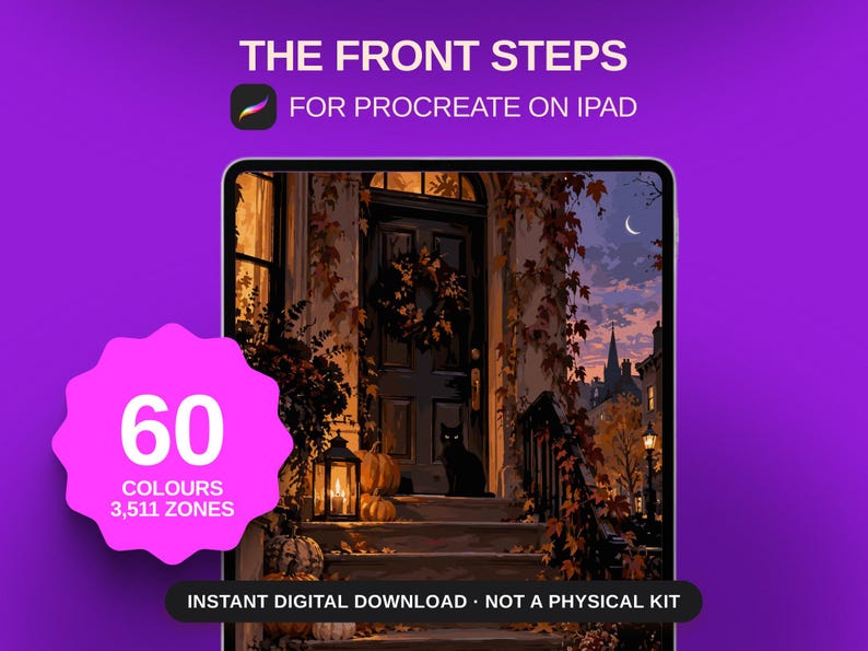 May include: A digital illustration on a tablet screen showing front steps with a black cat, pumpkins, and a wreath on a door. Text reads: THE FRONT STEPS FOR PROCREATE ON IPAD, 60 COLOURS, 3,511 ZONES, INSTANT DIGITAL DOWNLOAD &middot; NOT A PHYSICAL KIT.