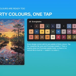 May include: A digital color palette titled 19 Everglades featuring thirty numbered swatches in a black rectangular grid. Beside it, a landscape illustration shows a sunset over a swamp with birds, a wooden dock, and water lilies.