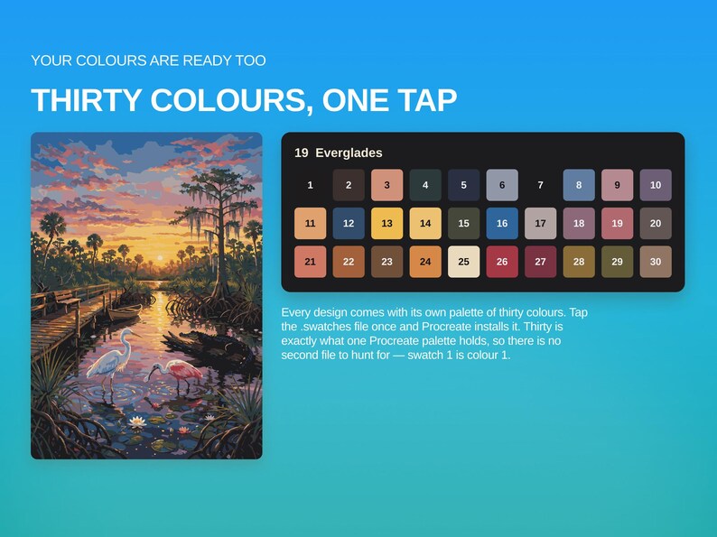 May include: A digital color palette titled 19 Everglades featuring thirty numbered swatches in a black rectangular grid. Beside it, a landscape illustration shows a sunset over a swamp with birds, a wooden dock, and water lilies.