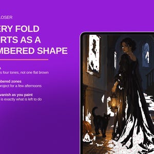 May include: A paint-by-numbers kit on a tablet screen featuring a person in a long black dress holding a lantern, accompanied by a black cat. The text reads: LOOK CLOSER, EVERY FOLD STARTS AS A NUMBERED SHAPE, 60 colours, 1,162 numbered zones.