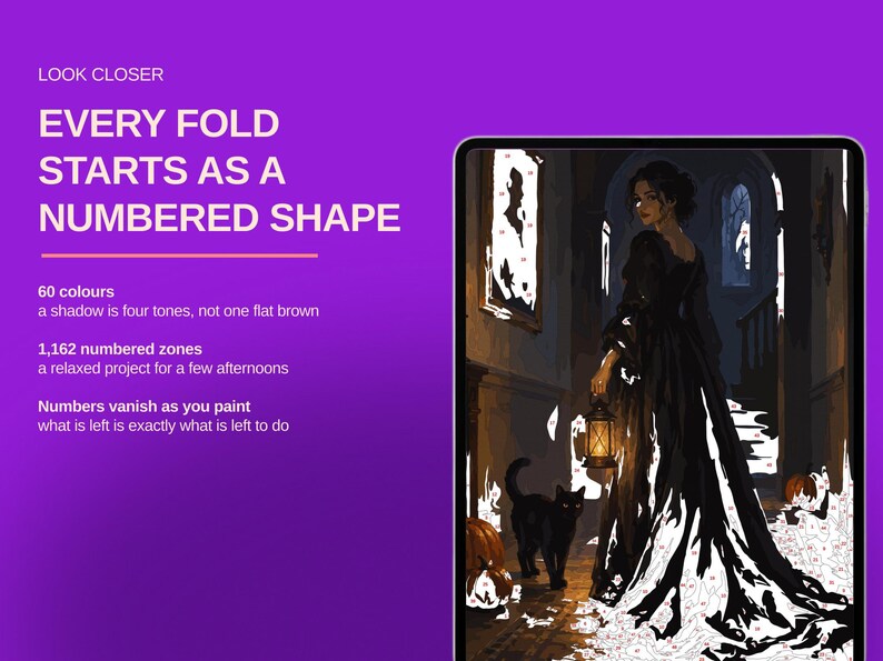 May include: A paint-by-numbers kit on a tablet screen featuring a person in a long black dress holding a lantern, accompanied by a black cat. The text reads: LOOK CLOSER, EVERY FOLD STARTS AS A NUMBERED SHAPE, 60 colours, 1,162 numbered zones.