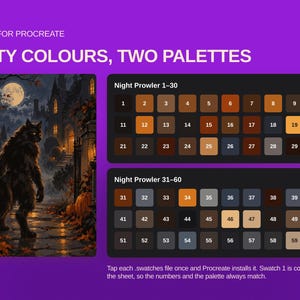 May include: A digital color palette for Procreate titled Sixty Colours, Two Palettes. It features an illustration of a werewolf in a moonlit forest and two grids labeled Night Prowler 1-30 and 31-60, containing sixty numbered color swatches.