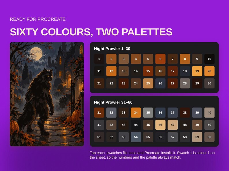 May include: A digital color palette for Procreate titled Sixty Colours, Two Palettes. It features an illustration of a werewolf in a moonlit forest and two grids labeled Night Prowler 1-30 and 31-60, containing sixty numbered color swatches.