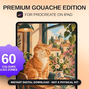 May include: A digital art set titled PREMIUM GOUACHE EDITION FOR PROCREATE ON IPAD featuring an illustration of an orange cat sitting by a window overlooking a town. A purple badge displays 60 COLOURS 2,413 ZONES. Text states INSTANT DIGITAL DOWNLOAD.