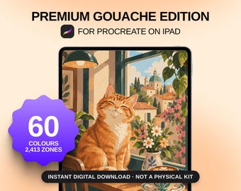 May include: A digital art set titled PREMIUM GOUACHE EDITION FOR PROCREATE ON IPAD featuring an illustration of an orange cat sitting by a window overlooking a town. A purple badge displays 60 COLOURS 2,413 ZONES. Text states INSTANT DIGITAL DOWNLOAD.