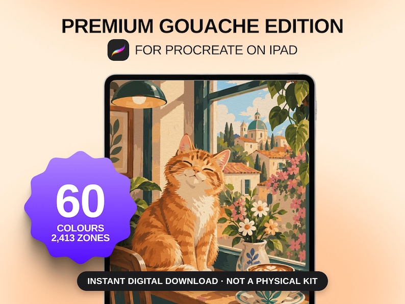 May include: A digital art set titled PREMIUM GOUACHE EDITION FOR PROCREATE ON IPAD featuring an illustration of an orange cat sitting by a window overlooking a town. A purple badge displays 60 COLOURS 2,413 ZONES. Text states INSTANT DIGITAL DOWNLOAD.