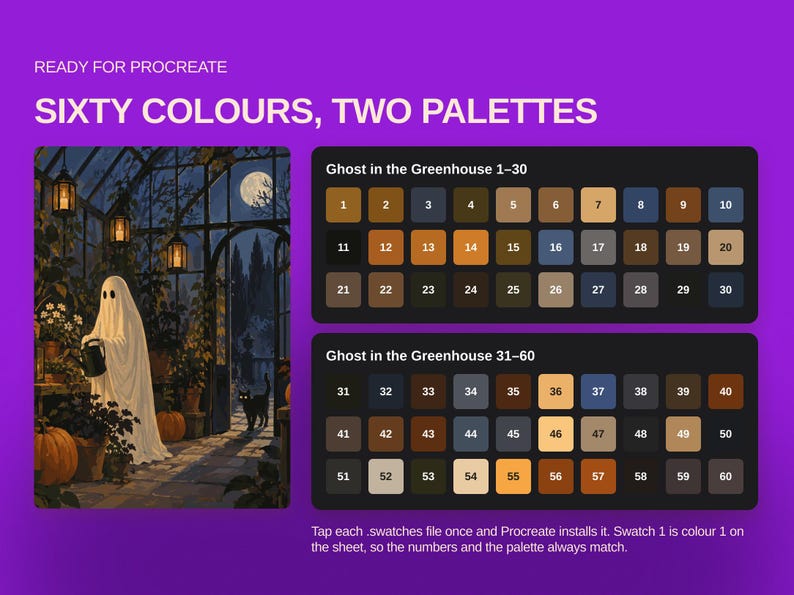 May include: A digital colour palette for Procreate titled Sixty Colours, Two Palettes, featuring an illustration of a ghost in a greenhouse with a black cat and two sets of thirty numbered colour swatches in shades of brown, blue, and grey.