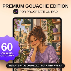 May include: A digital art set titled PREMIUM GOUACHE EDITION FOR PROCREATE ON IPAD. The image features a person in a lavender sweater drawing at a table. A purple badge displays 60 COLOURS and 3,413 ZONES. Text reads INSTANT DIGITAL DOWNLOAD NOT A PHYSICAL KIT.
