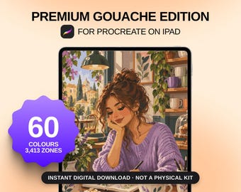 Puede incluir: Un set de arte digital titulado PREMIUM GOUACHE EDITION FOR PROCREATE ON IPAD. La imagen muestra a una persona con un suéter lavanda dibujando en una mesa. Una insignia morada muestra 60 COLOURS y 3,413 ZONES. Texto: INSTANT DIGITAL DOWNLOAD NOT A PHYSICAL KIT.