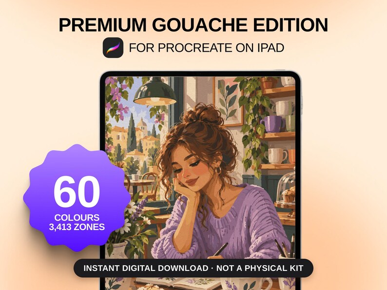 May include: A digital art set titled PREMIUM GOUACHE EDITION FOR PROCREATE ON IPAD. The image features a person in a lavender sweater drawing at a table. A purple badge displays 60 COLOURS and 3,413 ZONES. Text reads INSTANT DIGITAL DOWNLOAD NOT A PHYSICAL KIT.