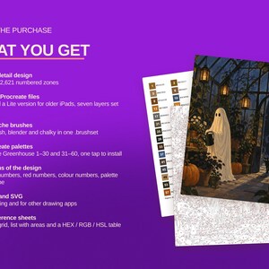 May include: A digital painting kit featuring a ghost in a greenhouse with pumpkins and a black cat. The text reads INSIDE THE PURCHASE, WHAT YOU GET, One high-detail design, Two ready Procreate files, Four gouache brushes, Two Procreate palettes, Six versions of the design, PDF, PNG and SVG, and Colour reference sheets.