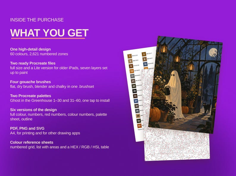 May include: A digital painting kit featuring a ghost in a greenhouse with pumpkins and a black cat. The text reads INSIDE THE PURCHASE, WHAT YOU GET, One high-detail design, Two ready Procreate files, Four gouache brushes, Two Procreate palettes, Six versions of the design, PDF, PNG and SVG, and Colour reference sheets.