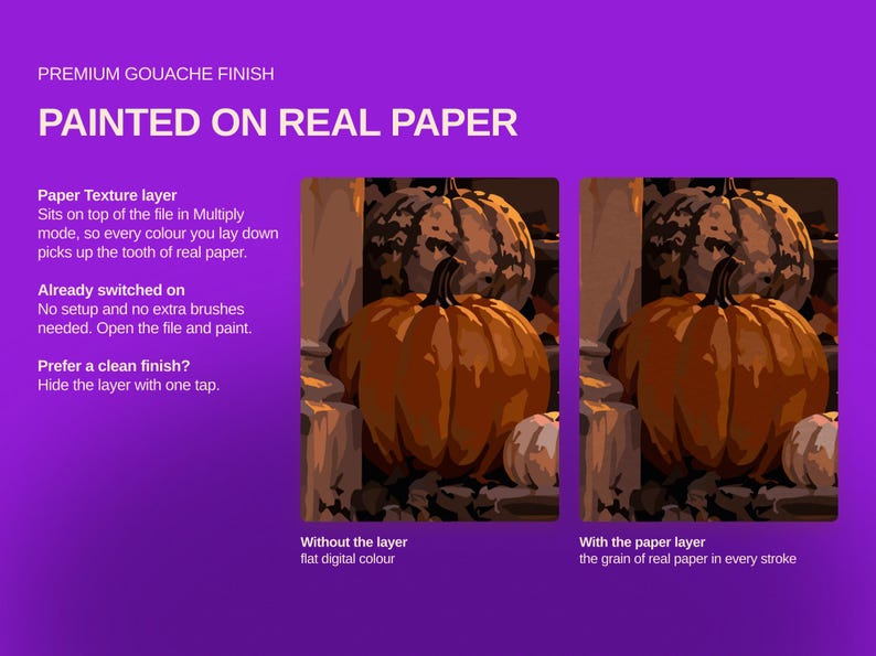 May include: A digital product display on a purple background featuring the text PREMIUM GOUACHE FINISH PAINTED ON REAL PAPER. Two side-by-side images show pumpkins, one labeled Without the layer flat digital colour and one With the paper layer.