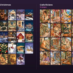 May include: A digital collection of art prints featuring two distinct sets: Vintage Christmas with 24 designs showcasing snowy landscapes and holiday scenes, and Cafe Riviera with 16 designs depicting Mediterranean outdoor dining and coffee shop settings.
