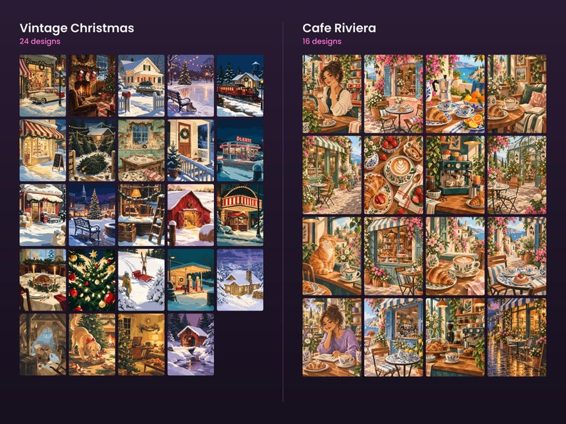 May include: A digital collection of art prints featuring two distinct sets: Vintage Christmas with 24 designs showcasing snowy landscapes and holiday scenes, and Cafe Riviera with 16 designs depicting Mediterranean outdoor dining and coffee shop settings.