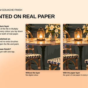 May include: A digital product display titled PREMIUM GOUACHE FINISH PAINTED ON REAL PAPER. It features two side-by-side illustrations of a cafe table with a lantern and flowers, comparing flat digital color to a version with a paper texture layer.