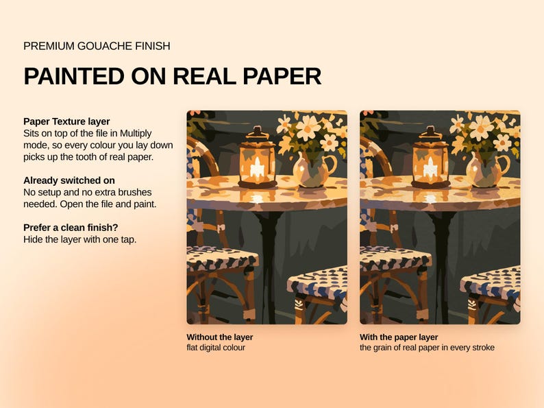 May include: A digital product display titled PREMIUM GOUACHE FINISH PAINTED ON REAL PAPER. It features two side-by-side illustrations of a cafe table with a lantern and flowers, comparing flat digital color to a version with a paper texture layer.