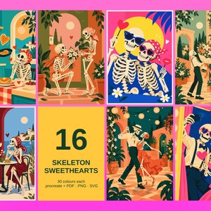 May include: A collection of 16 digital illustrations featuring skeletons in romantic scenarios, including cooking, dancing, and taking selfies. The text reads 16 SKELETON SWEETHEARTS, 30 colours each, .procreate + PDF .PNG .SVG.