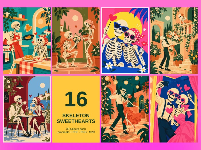 May include: A collection of 16 digital illustrations featuring skeletons in romantic scenarios, including cooking, dancing, and taking selfies. The text reads 16 SKELETON SWEETHEARTS, 30 colours each, .procreate + PDF .PNG .SVG.