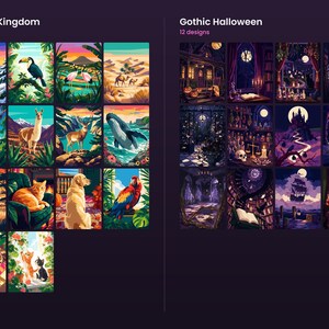 May include: A collection of digital art prints organized into two categories: Animal Kingdom with 14 designs featuring various wildlife, and Gothic Halloween with 12 designs depicting dark, atmospheric scenes with pumpkins, castles, and skulls.