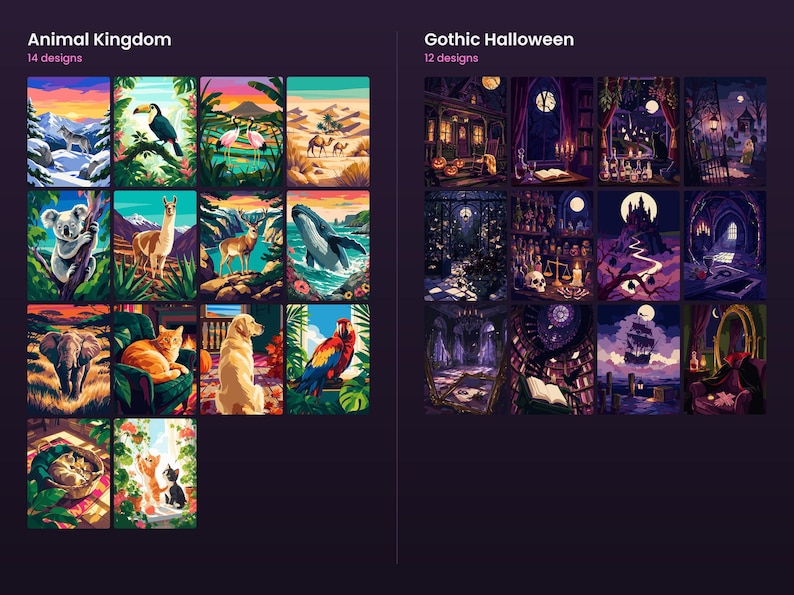 May include: A collection of digital art prints organized into two categories: Animal Kingdom with 14 designs featuring various wildlife, and Gothic Halloween with 12 designs depicting dark, atmospheric scenes with pumpkins, castles, and skulls.